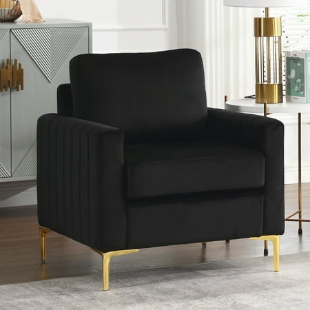Muumblus Modern Velvet Accent Chair, Adult Upholstered Single Sofa Chair Club Arm Chair for Living Room, Comfy Armchair with Metal Legs, Tufted Chair for Reading, Black