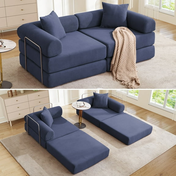 Muumblus Modular Convertible Floor Sofa Bed, Comfy Foldable Sleeper Cloud Couch for Living Room, Bedroom, Dark Blue Corduroy