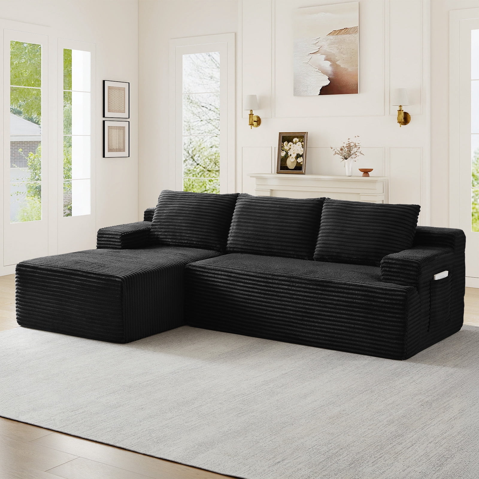 Muumblus L-Shaped Modular Sectional Sofa with Chaise, Boneless Deep Seat Cloud Couch, No Assembly Corduroy Sleeper Sofa for Living Room, Black（Left Facing Chaise）