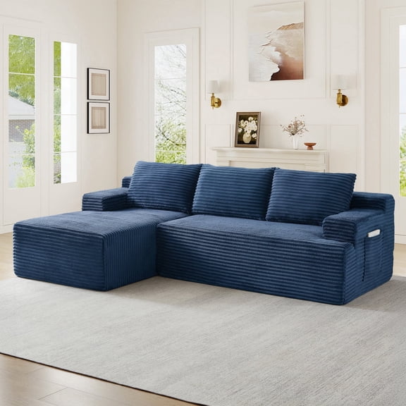Muumblus L-Shaped Modular Sectional Sofa with Chaise, Boneless Deep Seat Cloud Couch, No Assembly Corduroy Sleeper Sofa for Living Room, Blue(Left Facing Chaise)