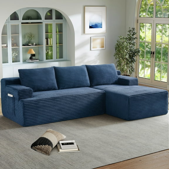 Muumblus L-Shaped Modular Sectional Sofa with Chaise, Boneless Deep Seat Cloud Couch, No Assembly Corduroy Sleeper Sofa for Living Room, Blue(Right Facing Chaise)