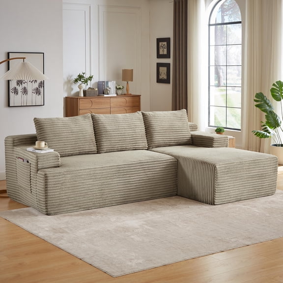 Muumblus L-Shaped Modular Sectional Sofa with Chaise, Boneless Deep Seat Cloud Couch, No Assembly Corduroy Sleeper Sofa for Living Room, Camel(Right Facing Chaise)