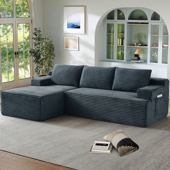 Muumblus L-Shaped Modular Sectional Sofa with Chaise, Boneless Deep Seat Cloud Couch, No Assembly Corduroy Sleeper Sofa for Living Room, Dark Gray(Left Facing Chaise)