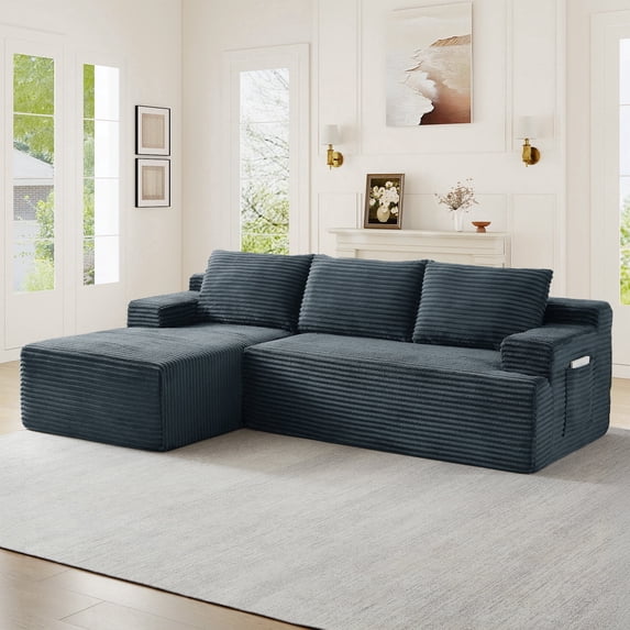 Muumblus L-Shaped Modular Sectional Sofa with Chaise, Boneless Deep Seat Cloud Couch, No Assembly Corduroy Sleeper Sofa for Living Room, Dark Gray(Left Facing Chaise)