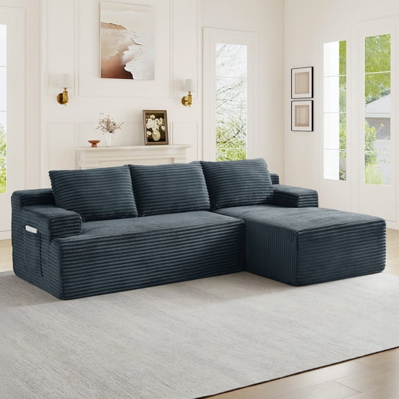 Muumblus L-Shaped Modular Sectional Sofa with Chaise, Boneless Deep Seat Cloud Couch, No Assembly Corduroy Sleeper Sofa for Living Room, Dark Gray(Right Facing Chaise)