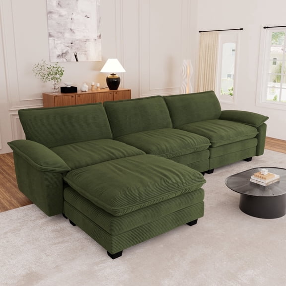 Muumblus Modular Sectional Cloud Couch with Ottoman, Oversized L-Shaped Corduroy Sofa for Living Room, Green