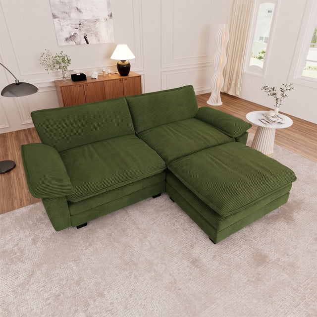 Muumblus Oversized Modular Sectional Cloud Sofa with Ottoman, L-Shaped 2-Seat Corduroy Couch for Living Room, Green