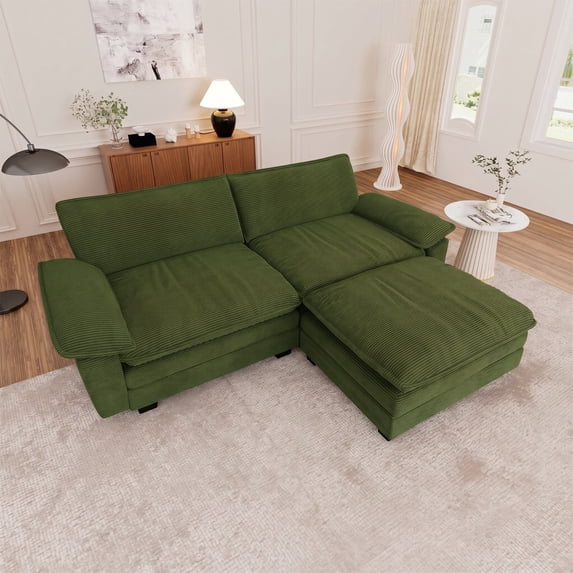 Muumblus Oversized Modular Sectional Cloud Sofa with Ottoman, L-Shaped 2-Seat Corduroy Couch for Living Room, Green