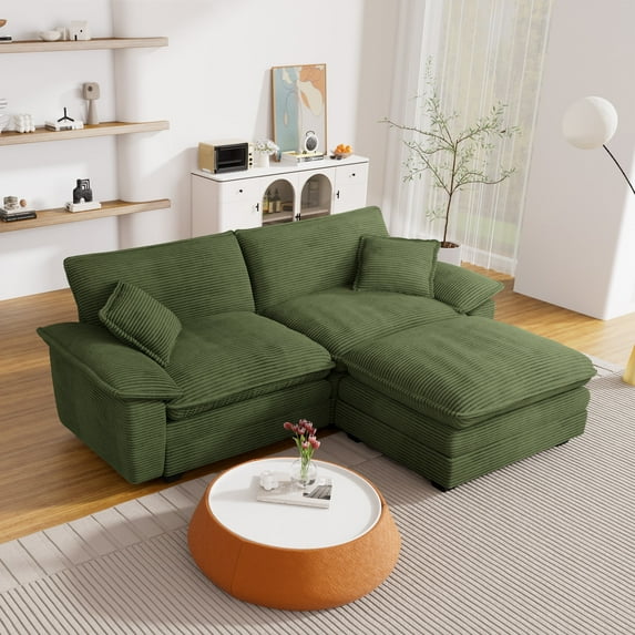 Muumblus Modular Sectional Cloud Couch with Reversible Ottoman, Oversized 2 Seats L-Shaped Corduroy Sofa for Living Room, 80.5 " Green