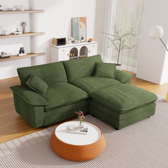 Muumblus Modular Sectional Cloud Couch with Reversible Ottoman, Oversized 2 Seats L-Shaped Corduroy Sofa for Living Room, 80.5 " Green