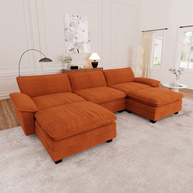 Muumblus Modular Sectional Cloud Sofa with 2 Ottoman, Oversized U-Shaped 3-seater Corduroy Couch for Living Room, Orange