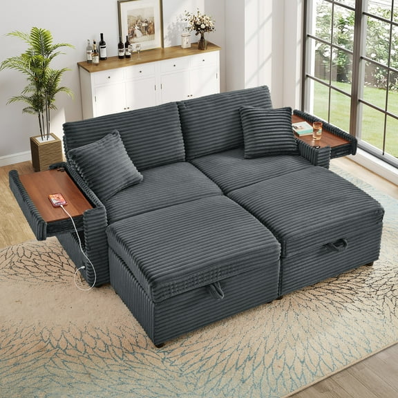 Muumblus Loveseat Sectional Sofa with 2 Storage Ottomans, Modular Cloud Couch with 2 Side Tables & USB, Plush Double Chaise Lounge Sofa Bed Indoor, Gray Corduroy