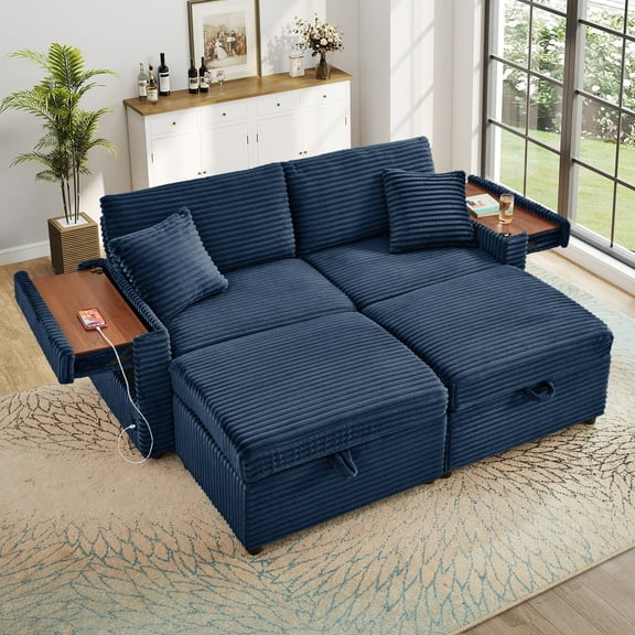Muumblus Loveseat Sectional Sofa with 2 Storage Ottomans, Modular Cloud Couch with 2 Side Tables & USB, Plush Double Chaise Lounge Sofa Bed Indoor, Blue Corduroy