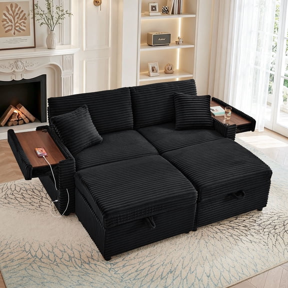 Muumblus Loveseat Sectional Sofa with 2 Storage Ottomans, Modular Cloud Couch with 2 Side Tables & USB, Plush Double Chaise Lounge Sofa Bed Indoor, Black Corduroy