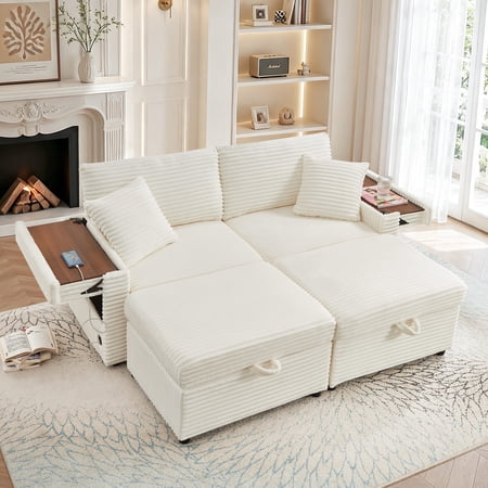 Muumblus Loveseat Sectional Sofa with 2 Storage Ottomans, Modular Cloud Couch with 2 Side Tables & USB, Plush Double Chaise Lounge Sofa Bed Indoor, White Corduroy