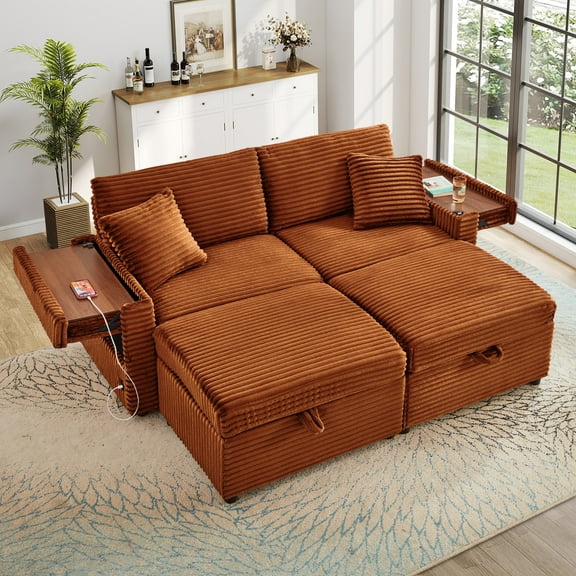 Muumblus Loveseat Sectional Sofa with 2 Storage Ottomans, Modular Cloud Couch with 2 Side Tables & USB, Plush Double Chaise Lounge Sofa Bed Indoor, Orange Corduroy