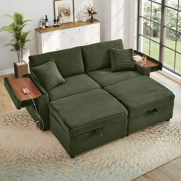 Muumblus Loveseat Sectional Sofa with 2 Storage Ottomans, Modular Cloud Couch with 2 Side Tables & USB, Plush Double Chaise Lounge Sofa Bed Indoor, Green Corduroy