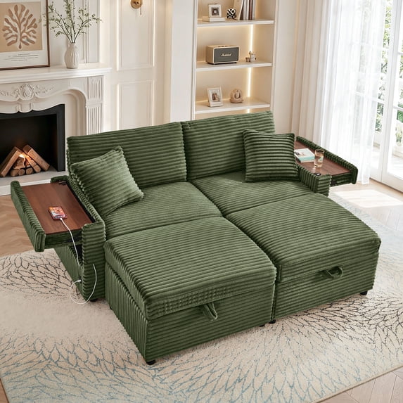 Muumblus Loveseat Sectional Sofa with 2 Storage Ottomans, Modular Cloud Couch with 2 Side Tables & USB, Plush Double Chaise Lounge Sofa Bed Indoor, Green Corduroy