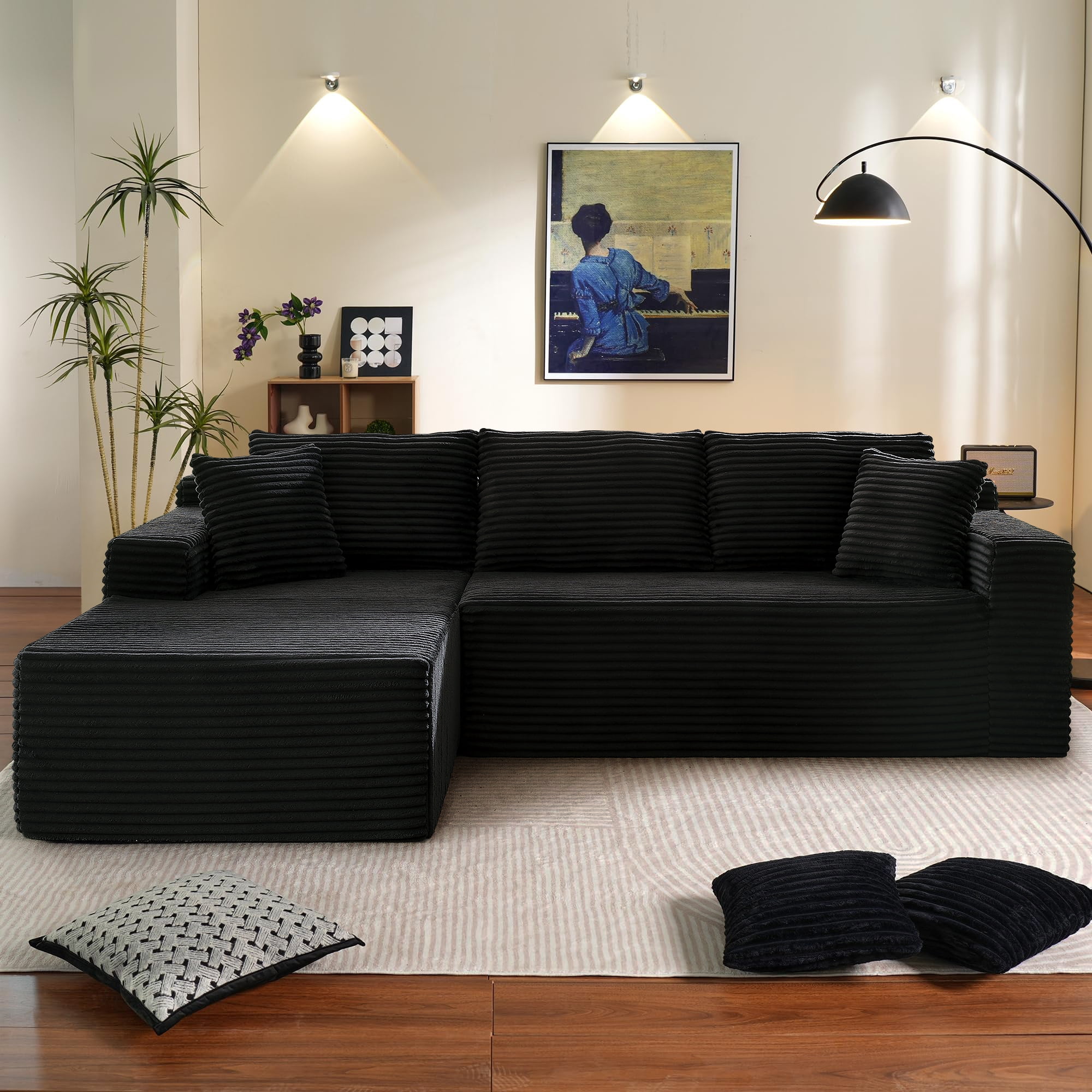 Muumblus Modular Sectional Sofa, Oversized L-Shape Cloud Couch, Modern Corduroy Sleeper Couches for Living Room, No Assembly Required, Black (Left Facing Chaise)