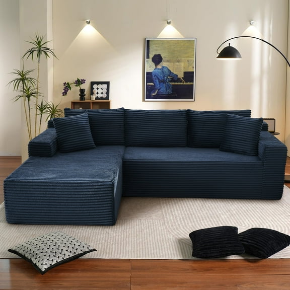 Muumblus Modular Sectional Sofa, Oversized L-Shape Cloud Couch, Modern Corduroy Sleeper Couches for Living Room, No Assembly Required, Blue (Left Facing Chaise)