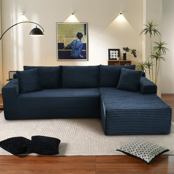 Muumblus Modular Sectional Sofa, Oversized L-Shape Cloud Couch, Modern Corduroy Sleeper Couches for Living Room, No Assembly Required, Blue (Right Facing Chaise)