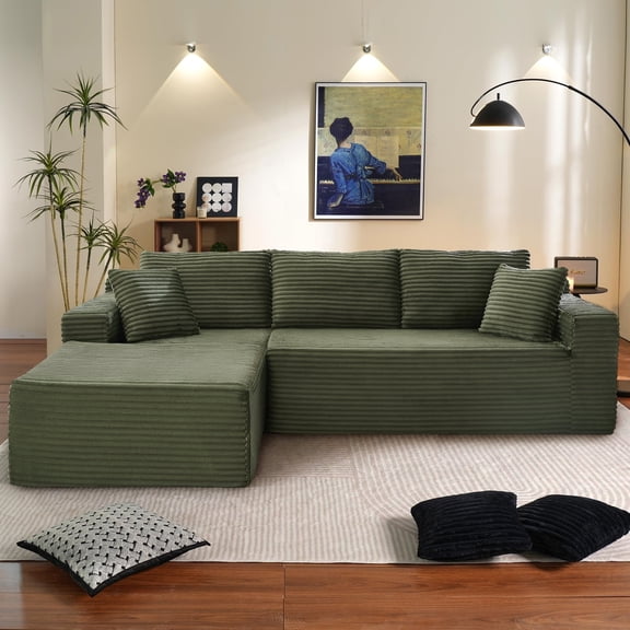 Muumblus Modular Sectional Sofa, Oversized L-Shape Cloud Couch, Modern Corduroy Sleeper Couches for Living Room, No Assembly Required, Green (Left Facing Chaise)