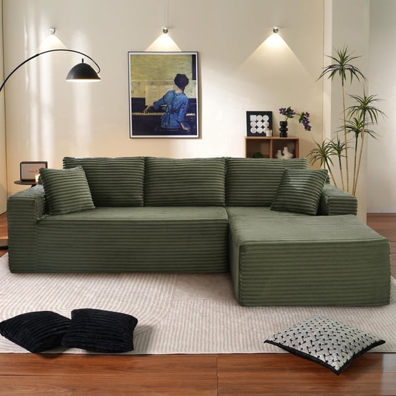 Muumblus Modular Sectional Sofa, Oversized L-Shape Cloud Couch, Modern Corduroy Sleeper Couches for Living Room, No Assembly Required, Green (Right Facing Chaise)