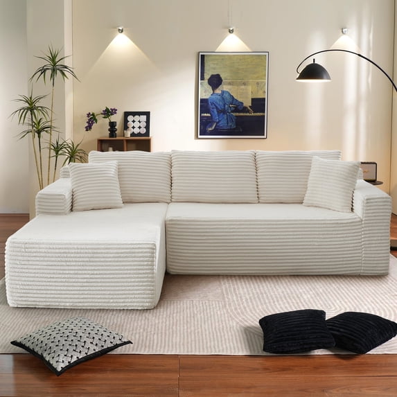 Muumblus Modular Sectional Sofa, Oversized L-Shape Cloud Couch, Modern Corduroy Sleeper Couches for Living Room, No Assembly Required, Beige White (Left Facing Chaise)