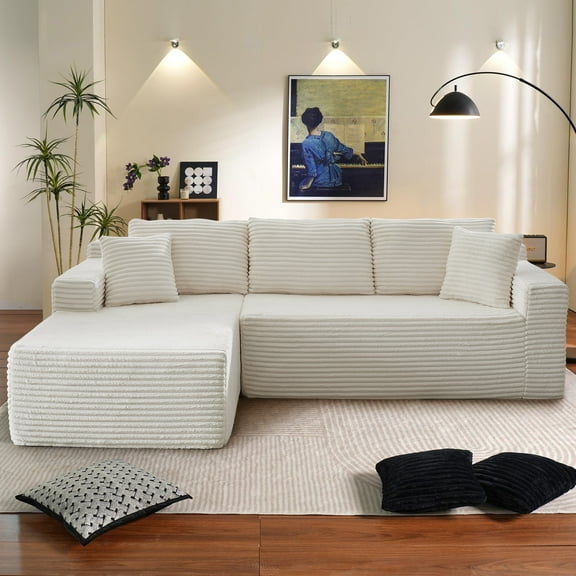 Muumblus Modular Sectional Sofa, Oversized L-Shape Cloud Couch, Modern Corduroy Sleeper Couches for Living Room, No Assembly Required, White (Left Facing Chaise)