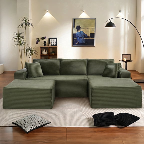 Muumblus Modular Sectional Sofa, Oversized U-Shape Cloud Couch, Modern Corduroy Sleeper Couches for Living Room, No Assembly Required, Green (Right Facing Chaise)
