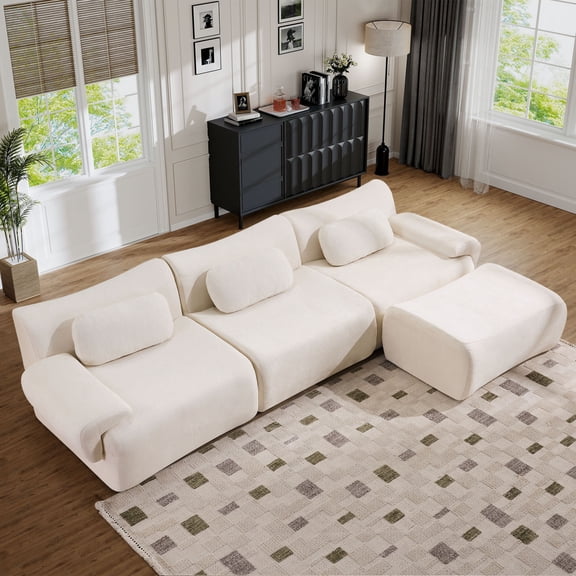 Muumblus Modular Sectional Sofa with Movable Ottoman, Oversized L-Shaped Cloud Sofa with Chaise, Boneless Deep Seat Living Room Couch, Beige Chenille