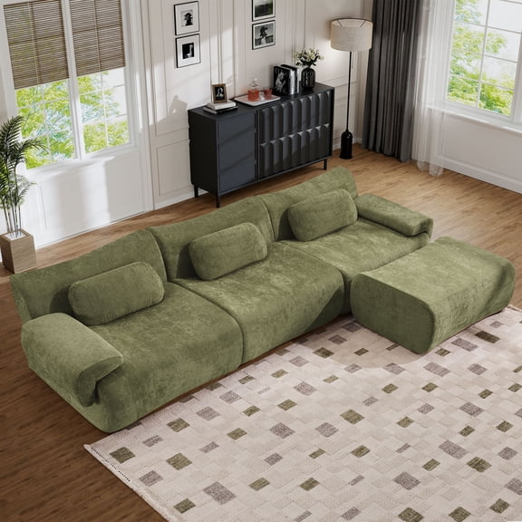 Muumblus Modular Sectional Sofa with Movable Ottoman, Oversized L-Shaped Cloud Sofa with Chaise, Boneless Deep Seat Living Room Couch, Green Chenille