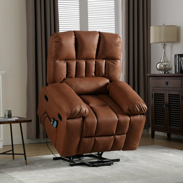 Muumblus Oversize Power Lift Recliner Chair Recliners for Elderly, Heat and Massage, PU Leather Sofa Chair for Living Room Bedroom, Light Brown