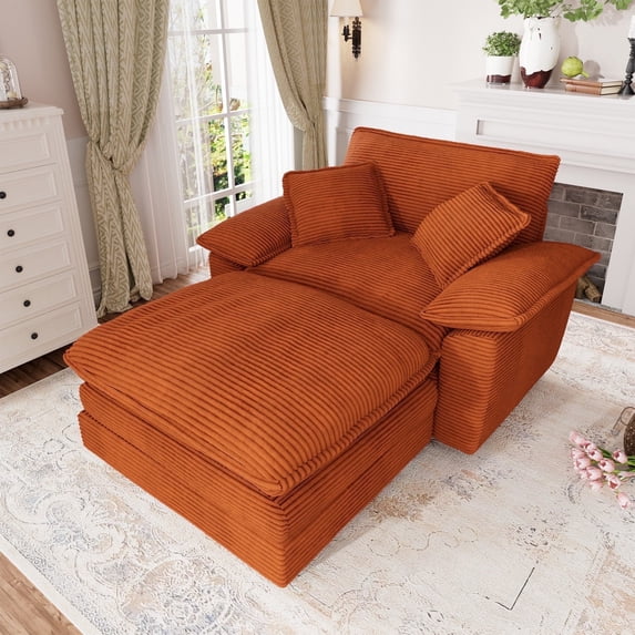 Muumblus Oversized Accent Chair with Ottoman, 48" Indoor Chaise Lounge Cloud Sofa Reading Armchair for Modern Living Room, Bedroom, Orange Corduroy