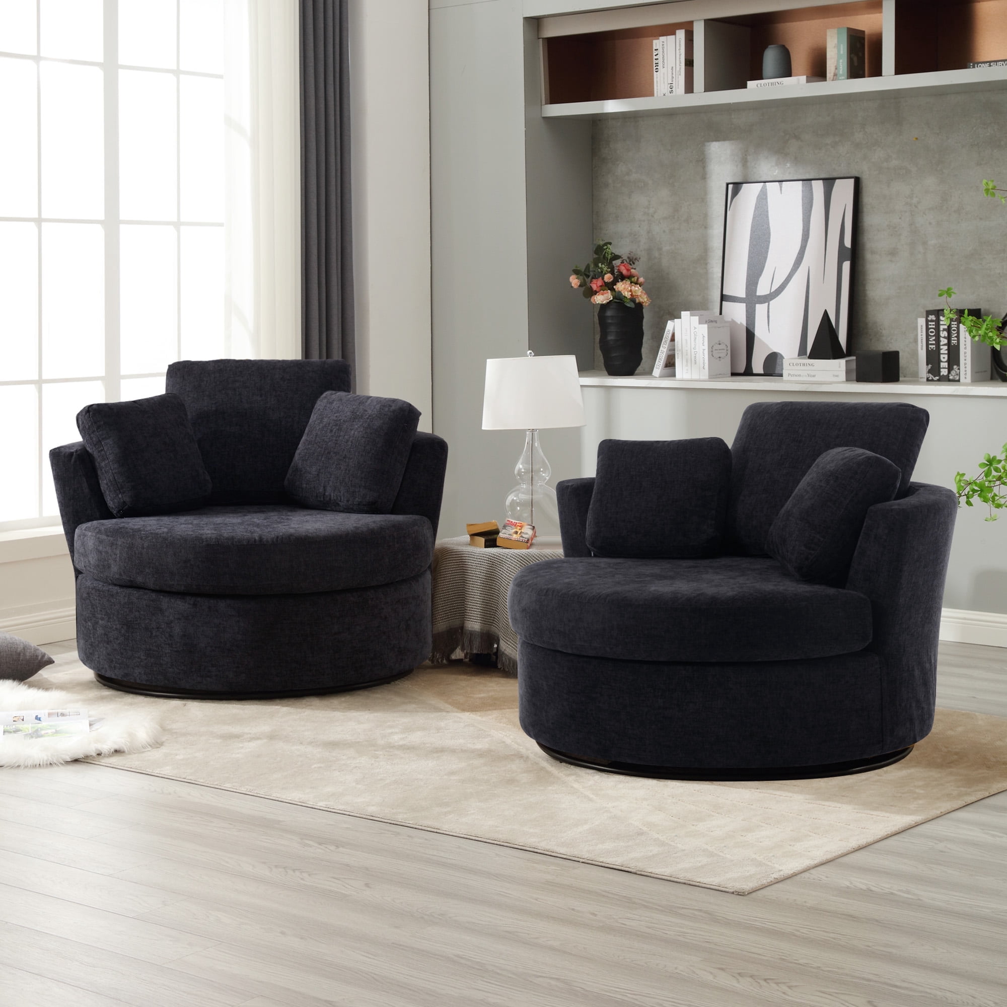 Muumblus Oversized Barrel Swivel Accent Chair Set of 2, Comfy Armchair with 3 Pillows, Modern Chenille Fabric Leisure Sofa Chair for Living Room, Bedroom, Black