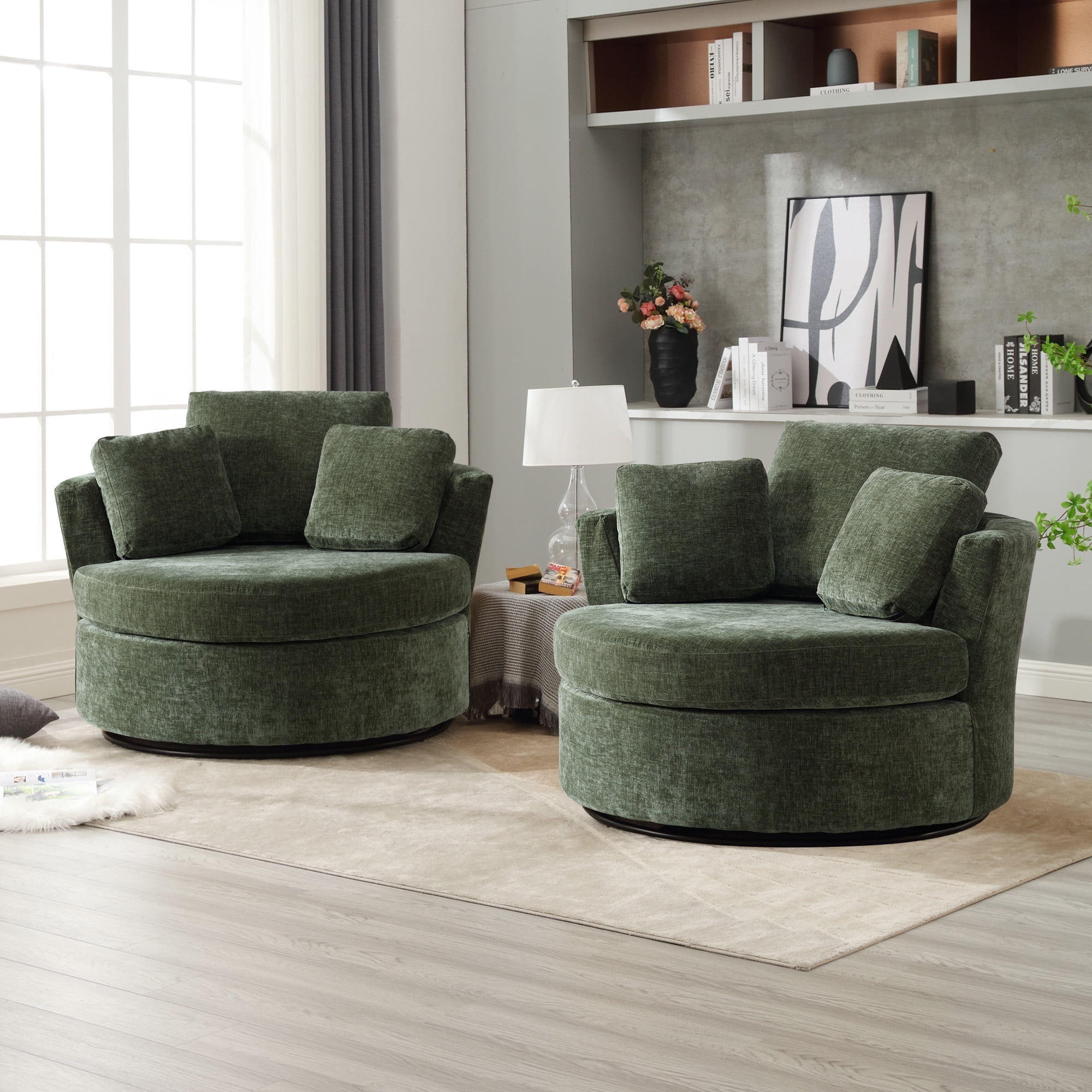 Muumblus Oversized Barrel Swivel Accent Chair Set of 2 Comfy Armchair with 3 Pillows Modern Chenille Fabric Leisure Sofa Chair for Living Room