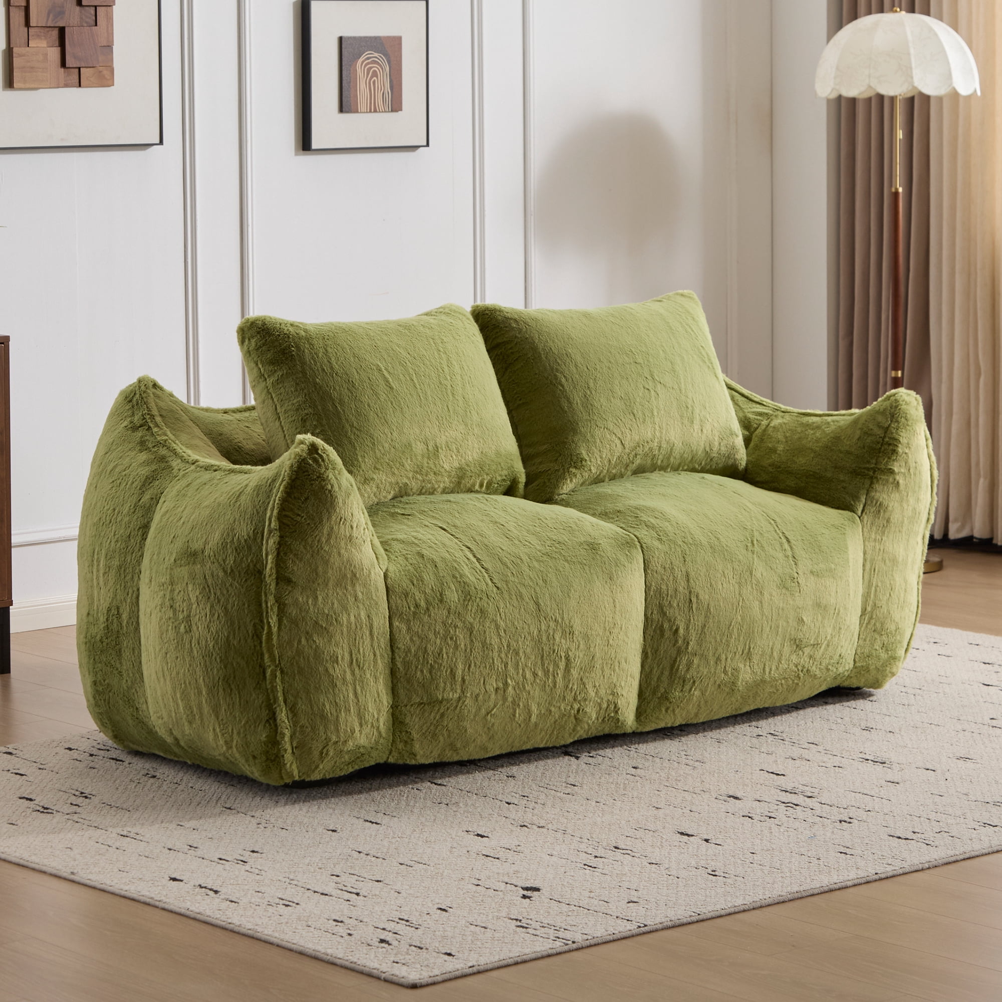 FFH Bean Bag Chair for Adults, 75" Oversized Loveseat Bean Bag Sofa with 2 Pillows, Lazy Sofa Reading Chaise Lounge Couch for Living Room, Bedroom, Green