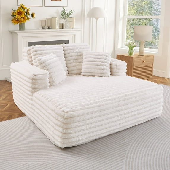Muumblus Oversized Chaise Lounge Chair Indoor Furniture, No Assembly Required, Plush Corduroy Upholstered Sofa Bed Cozy Sleeper Couch for Living Room, Bedroom, Beige White