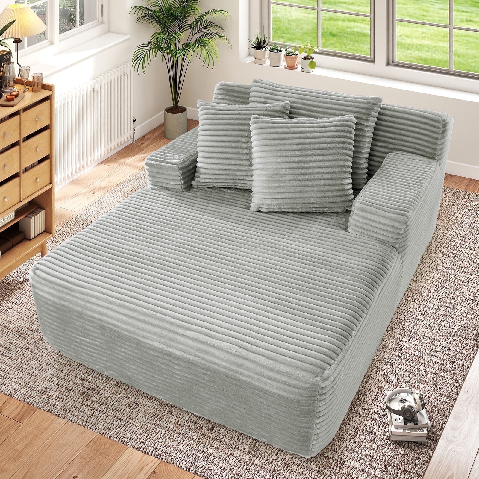 Muumblus Oversized Chaise Lounge Chair Indoor Furniture Assembly Required Plush Corduroy Upholstered Sofa Bed Cozy Sleeper Couch Living Room Bedroom