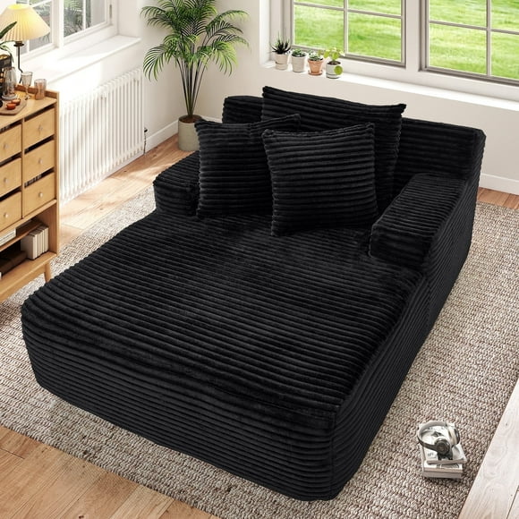 Muumblus Oversized Chaise Lounge Chair Indoor, No Assembly Required, Plush Corduroy Cloud Floor Sofa Bed for Living Room, Black