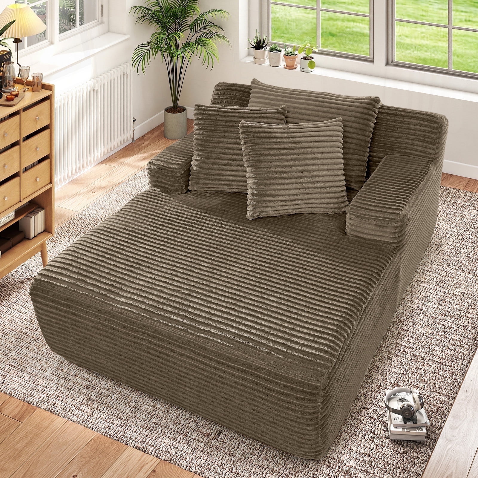 Muumblus Oversized Chaise Lounge Chair No Assembly Required Cozy Corduroy Sofa Bed for Living Room Black