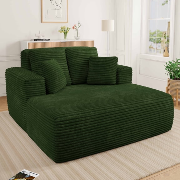 Muumblus Oversized Chaise Lounge Chiar Indoor Furniture, No Assembly Required, Plush Corduroy Upholstered Sofa Bed Cozy Sleeper Couch for Living Room, Bedroom, Green