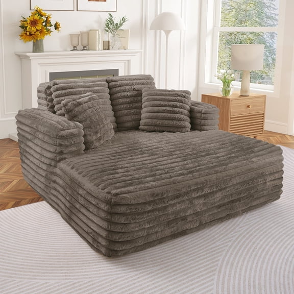 Muumblus Oversized Chaise Lounge Chiar Indoor Furniture, No Assembly Required, Plush Corduroy Upholstered Sofa Bed Cozy Sleeper Couch for Living Room, Bedroom, Brown