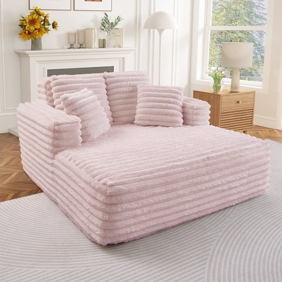 Muumblus Oversized Chaise Lounge Chiar Indoor Furniture, No Assembly Required, Plush Corduroy Upholstered Sofa Bed Cozy Sleeper Couch for Living Room, Bedroom, Pink