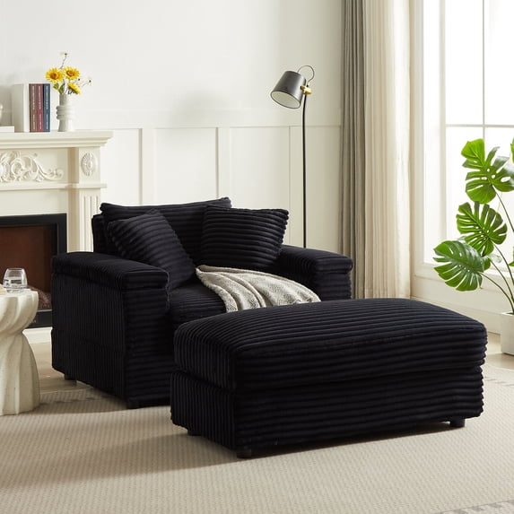 Muumblus Oversized Cloud Lounge Chair with Ottoman, Corduroy Accent Reading Armchair for Living Room, Black