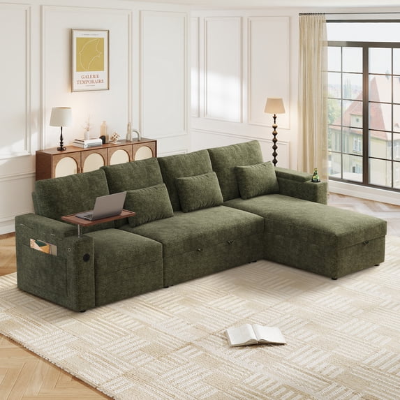 Muumblus Oversized Convertible Sectional Sleeper Sofa with Storage Chaise/Recliner, L-Shaped Pull Out Couch Bed for Living Room, Green Chenille