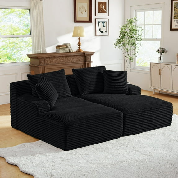 Muumblus Oversized Double Chaise Lounge Chair, Modern Indoor Boneless Cloud Sofa, Plush Corduroy Upholstered Modural Sectional Sleeper Couch for Living Room Apartment, Black