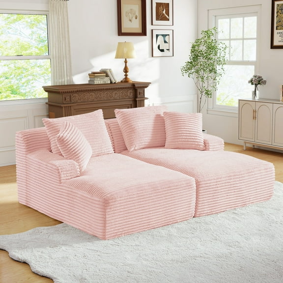 Muumblus Oversized Double Chaise Lounge Chair, Modern Indoor Boneless Cloud Sofa, Plush Corduroy Upholstered Modural Sectional Sleeper Couch for Living Room Apartment, Pink