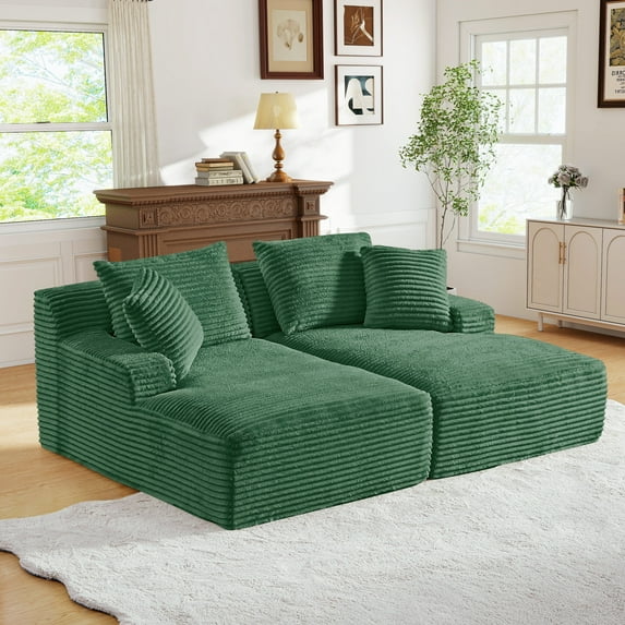 Muumblus Oversized Double Chaise Lounge Chair, Modern Indoor Boneless Cloud Sofa, Plush Corduroy Upholstered Modural Sectional Sleeper Couch for Living Room Apartment, Dark Green