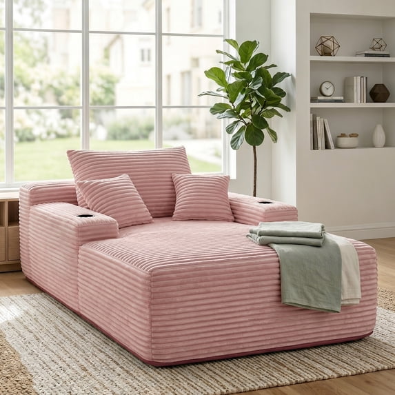 Muumblus Oversized Indoor Chaise Lounge, 47"W Cozy Lounge Chair with Cup Holders, Boneless Cloud Sofa for Living Room, Bedroom, Pink Plush Corduroy